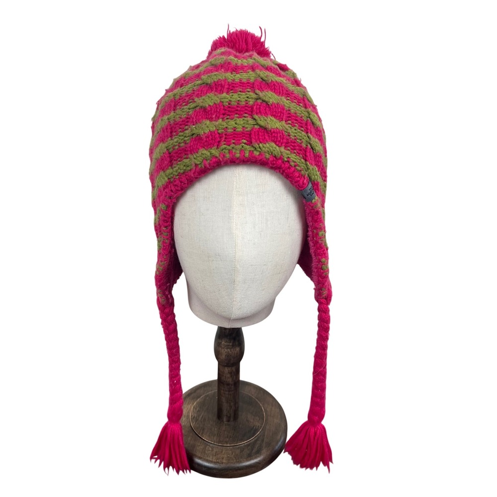 The North Face Kids Pink Green Striped Cable Knit Earflap Beanie Hat Pom TB49 M